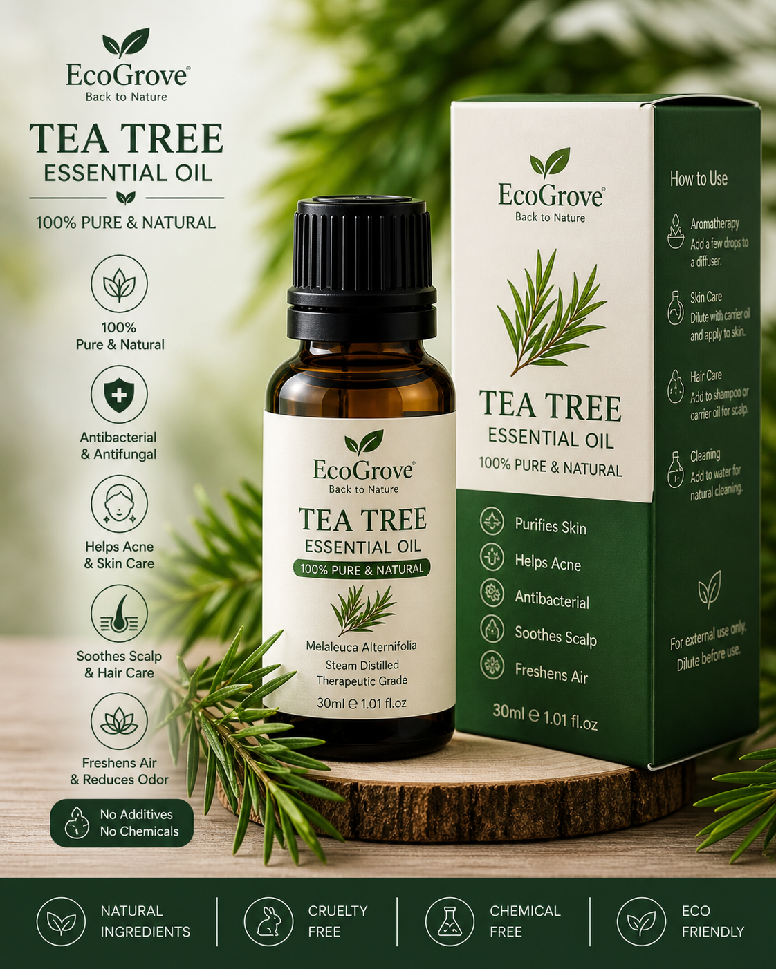 EcoGrove Essential Oil Set – Hibiscus, Tea Tree & Lavender (100% Pure & Natural)