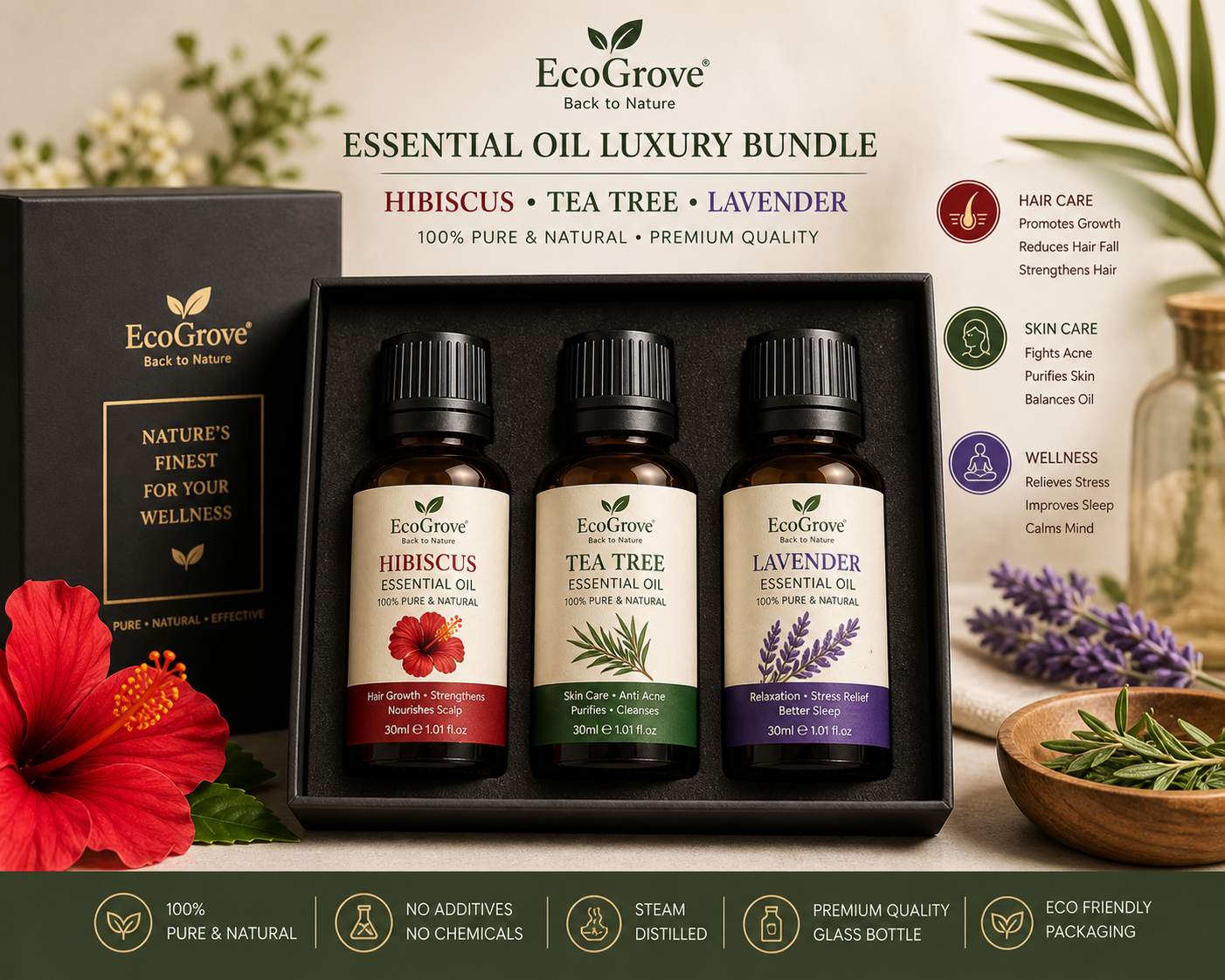 EcoGrove Essential Oil Set – Hibiscus, Tea Tree & Lavender (100% Pure & Natural)
