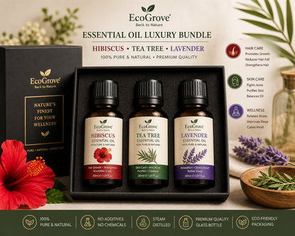 EcoGrove Essential Oil Set – Hibiscus, Tea Tree & Lavender (100% Pure & Natural)
