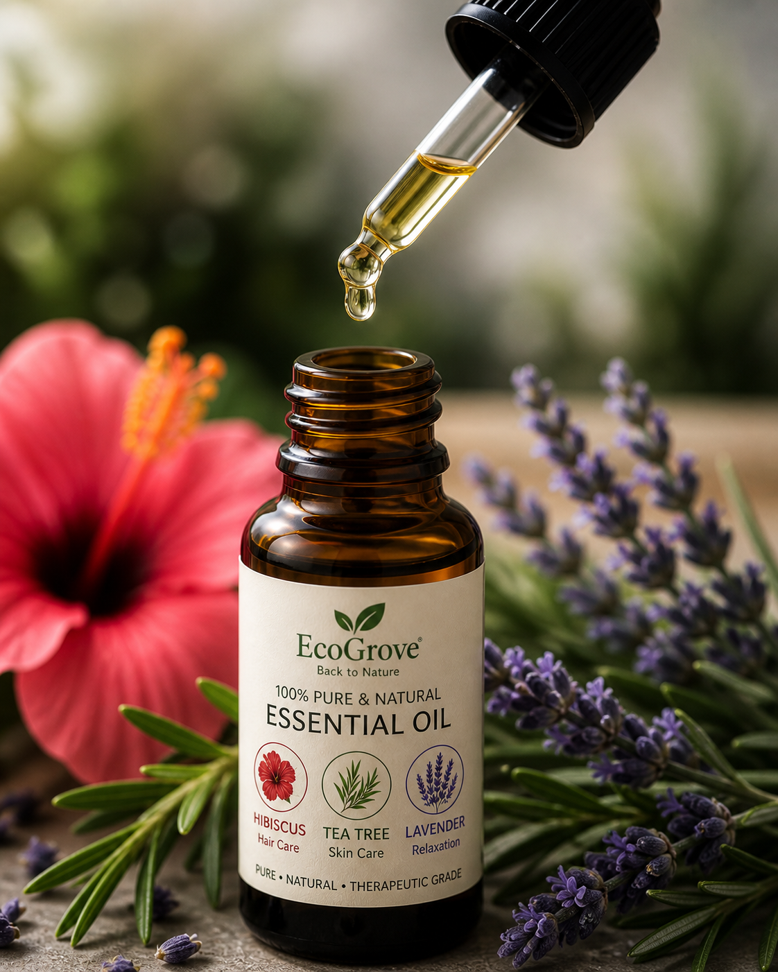 EcoGrove Essential Oil Set – Hibiscus, Tea Tree & Lavender (100% Pure & Natural)