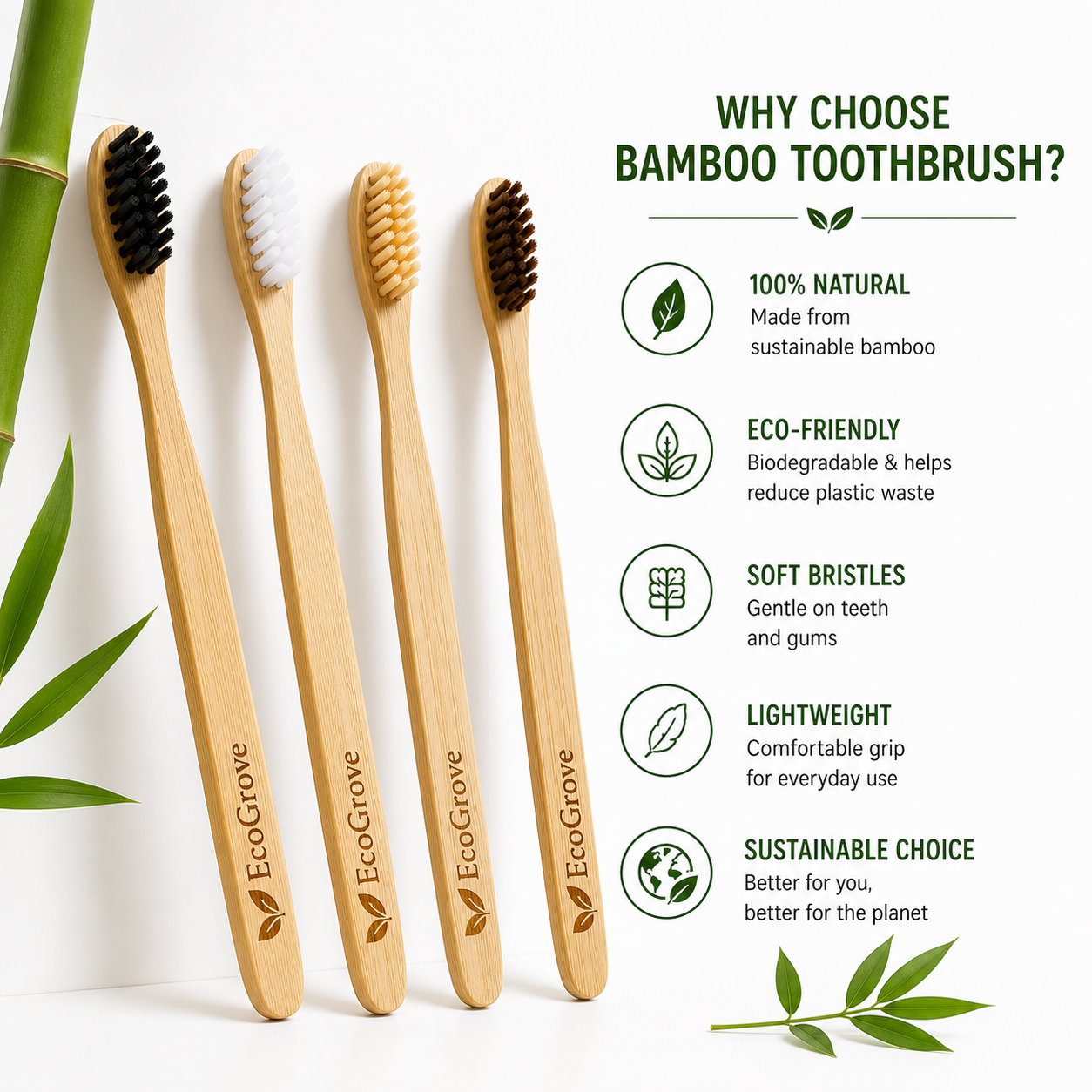 EcoGrove Bamboo Toothbrush – Eco-Friendly, Biodegradable, Soft Bristles